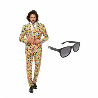 Scarnavalskleding confetti print heren pak (xxl) gratis zonnebril on