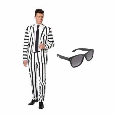 Scarnavalskleding zwart/witte strepen print heren pak (m) gratis zon