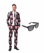 Scarnavalskleding schedel print heren pak m gratis zonnebril online